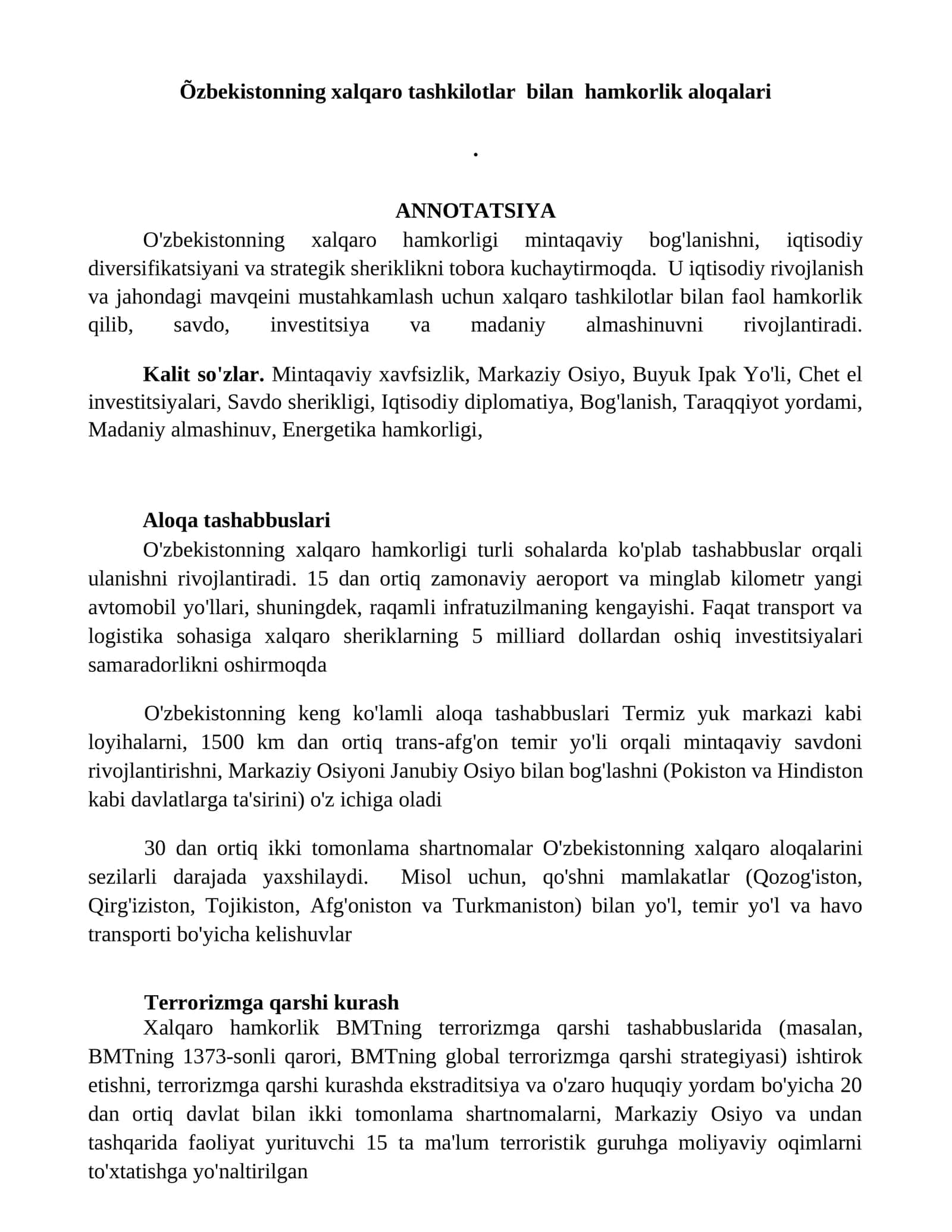 O'zbekiston xalqaro hamkorligi 1
