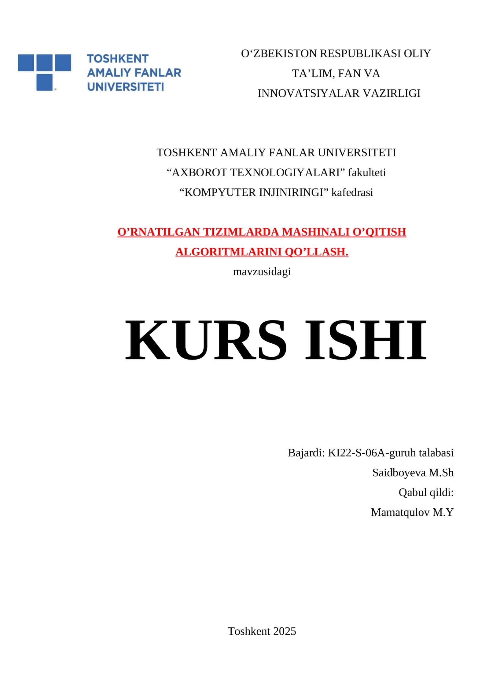 O’RNATILGAN TIZIMLARDA MASHINALI O’QITISH ALGORITMLARINI QO’LLASH 1