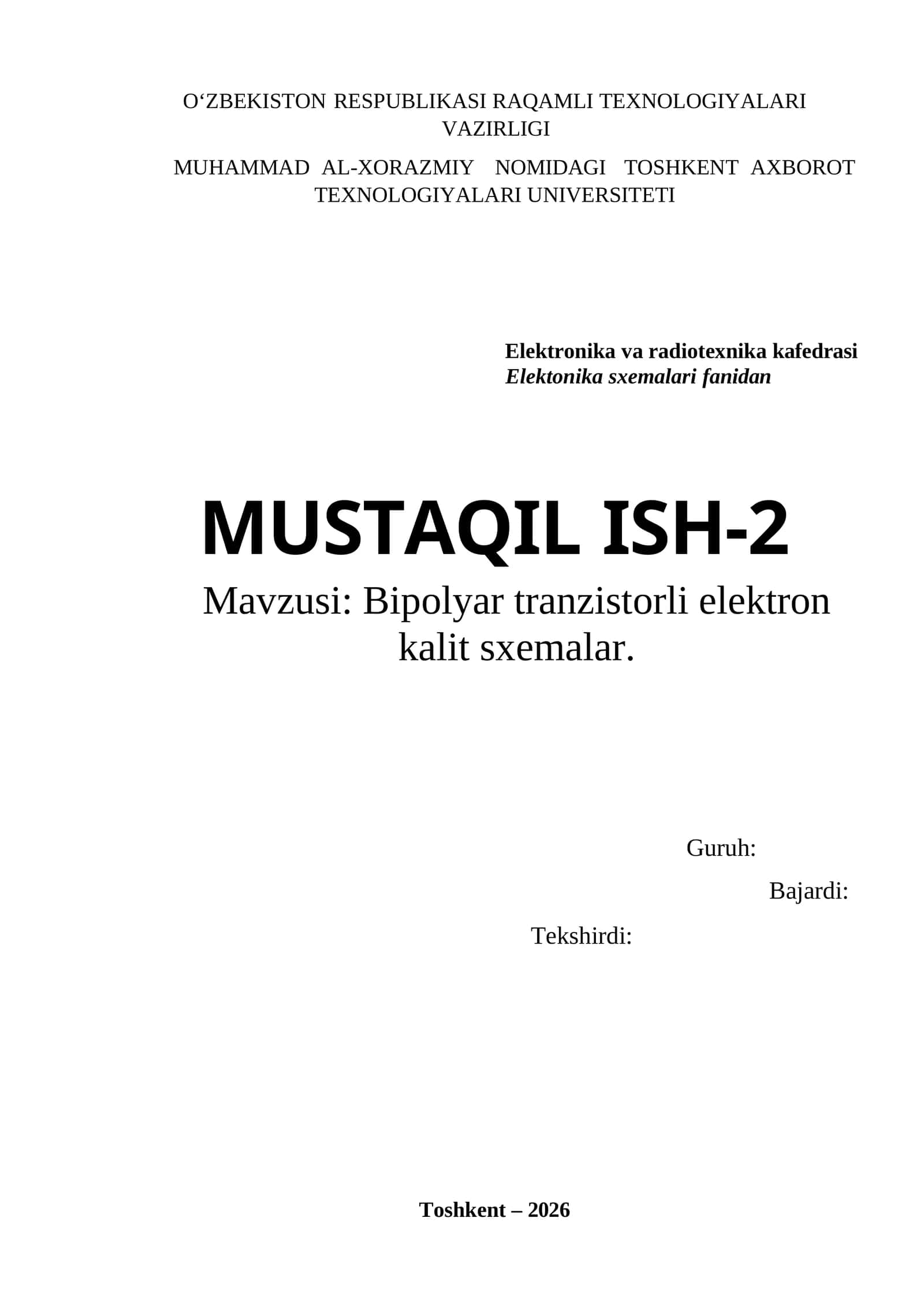 Bipolyar tranzistorli elektron kalit sxemalar. 1