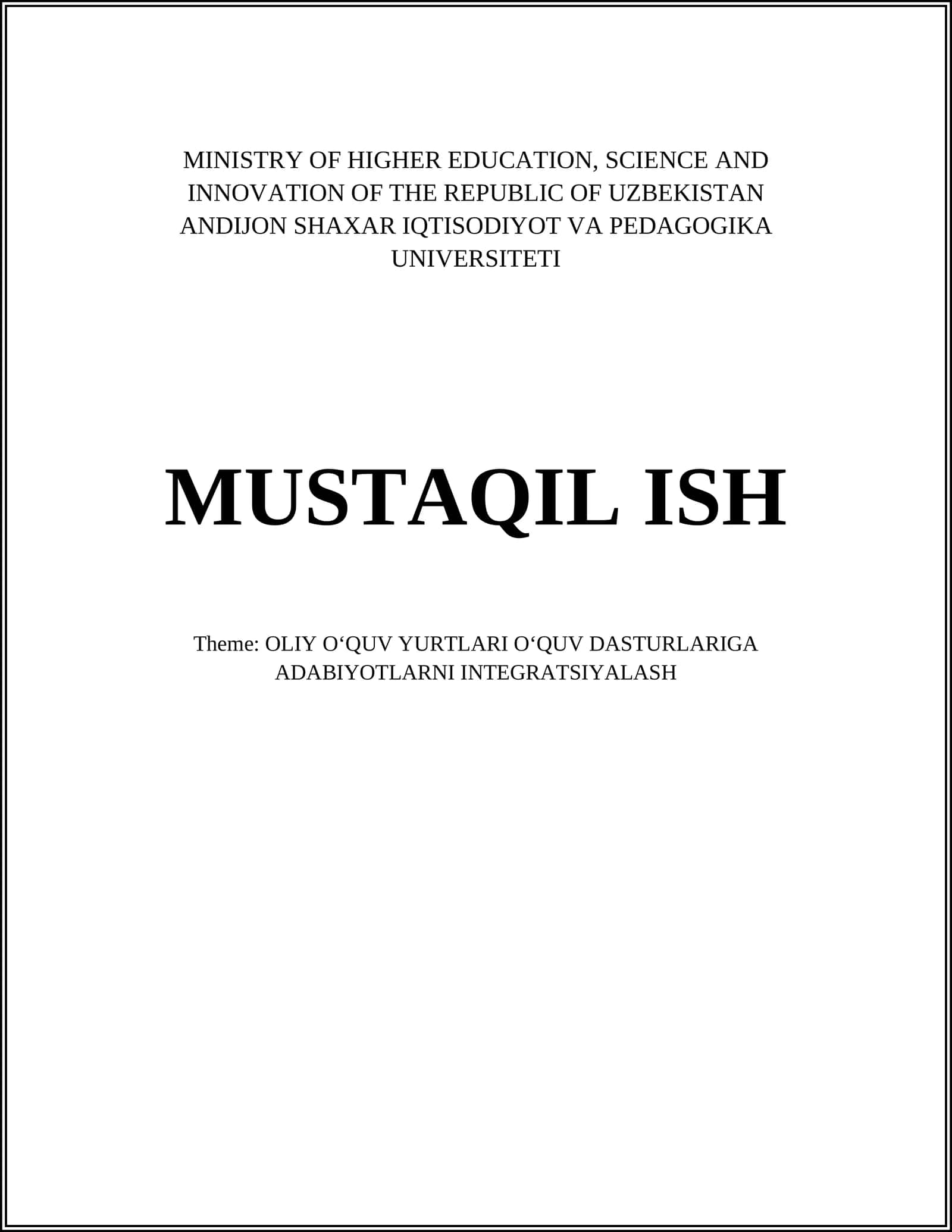 OLIY OʻQUV YURTLARI OʻQUV DASTURLARIGA ADABIYOTLARNI INTEGRATSIYALASH 1
