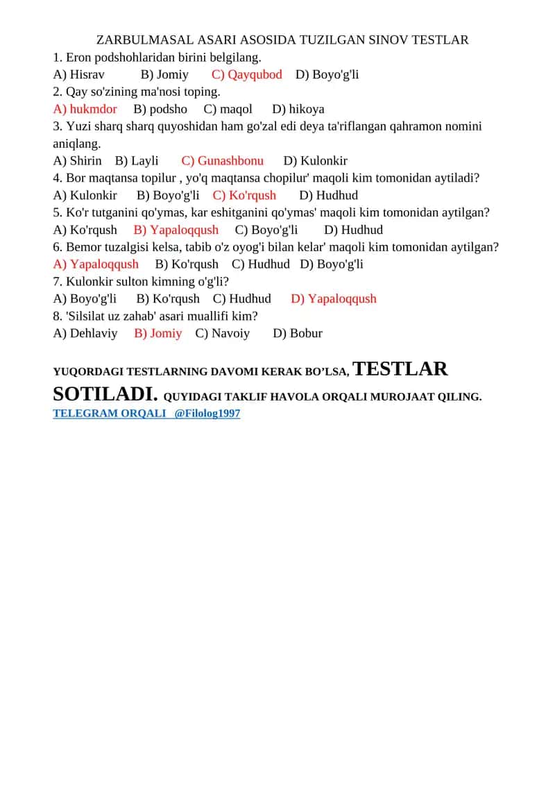 ZARBULMASAL ASARI ASOSIDA TUZILGAN SINOV TESTLAR 1