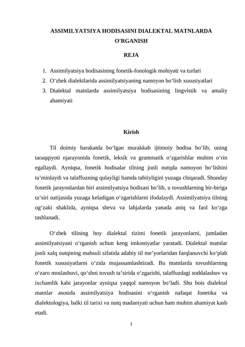 ASSIMILYATSIYA HODISASINI DIALEKTAL MATNLARDA O'RGANISH 1