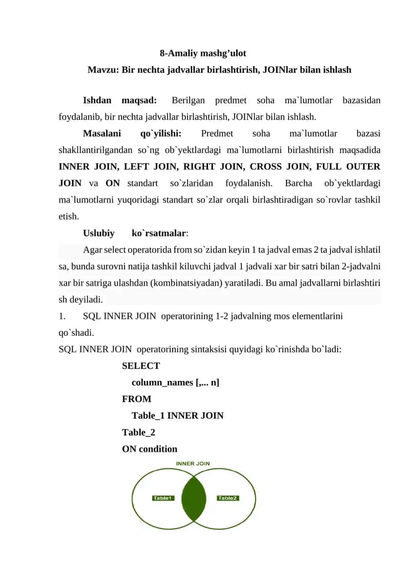 Bir nechta jadvallar birlashtirish, JOINlar bilan ishlash 1