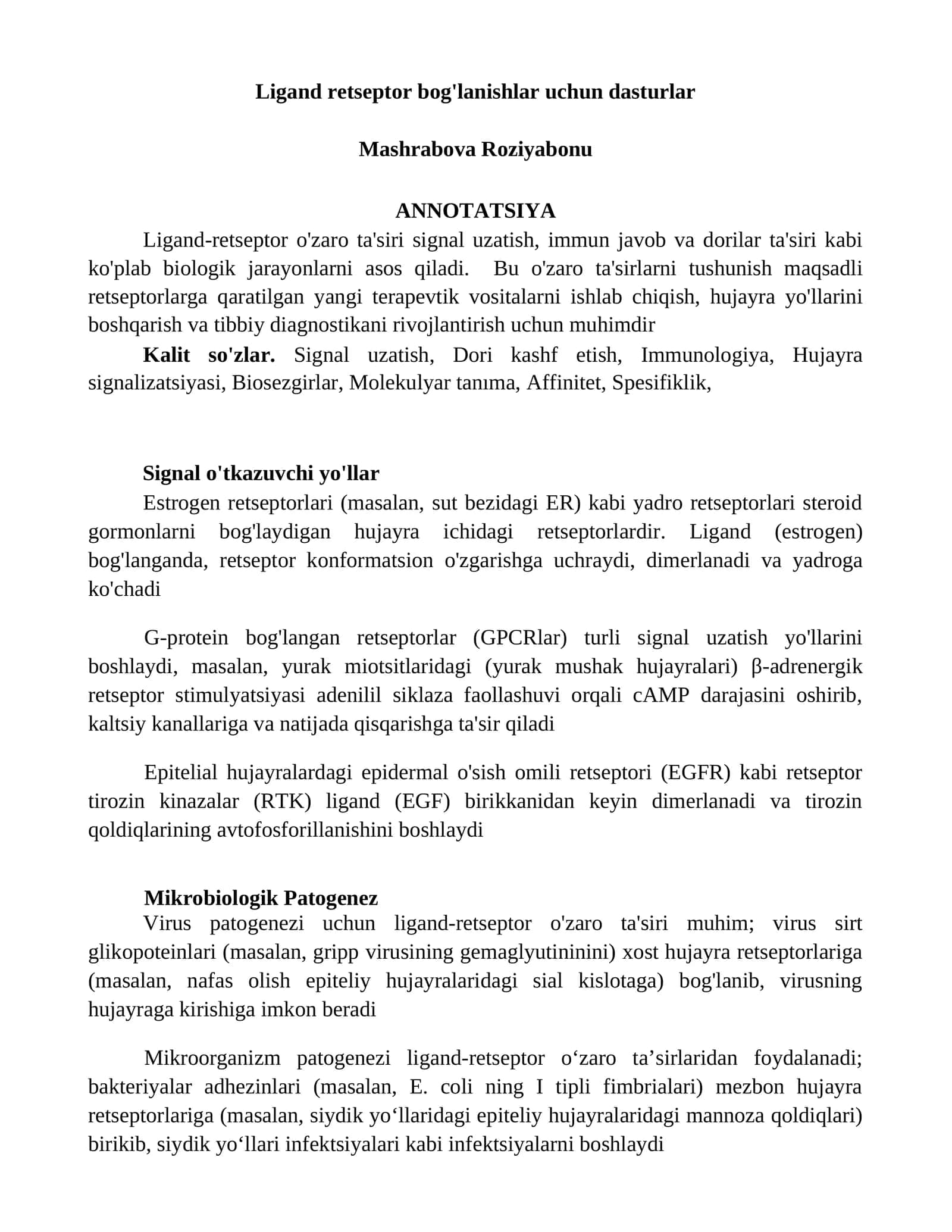 Ligand retseptor bog'lanishlar uchun dasturlar 1