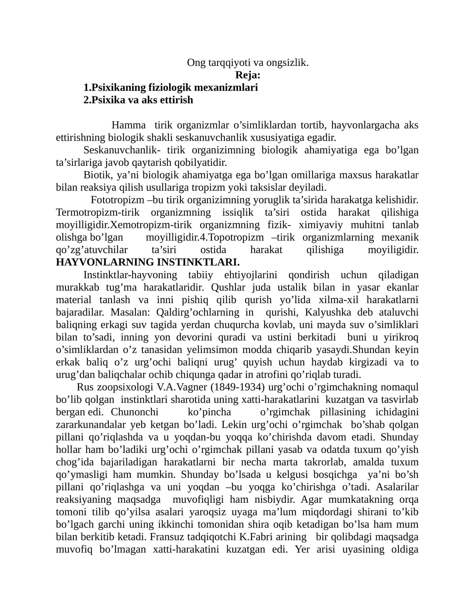 Ong tarqqiyoti va ongsizlik 1
