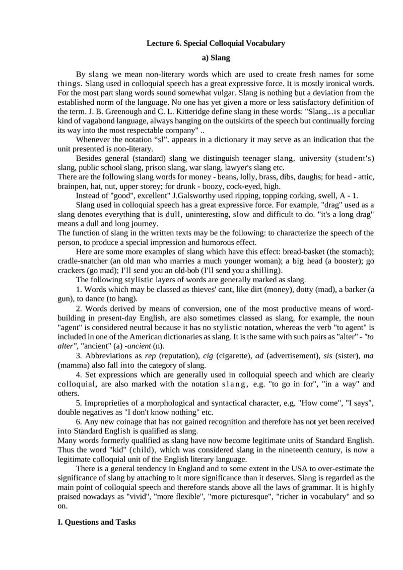 Lecture 6. Special Colloquial Vocabulary 1