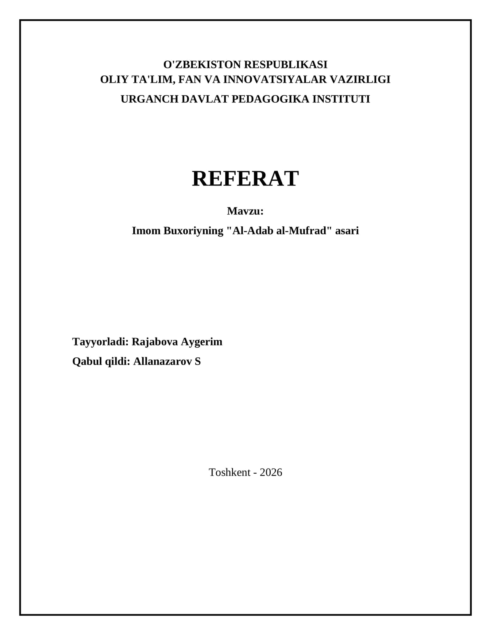 Imom Buxoriyning "Al-Adab al-Mufrad" asari 1
