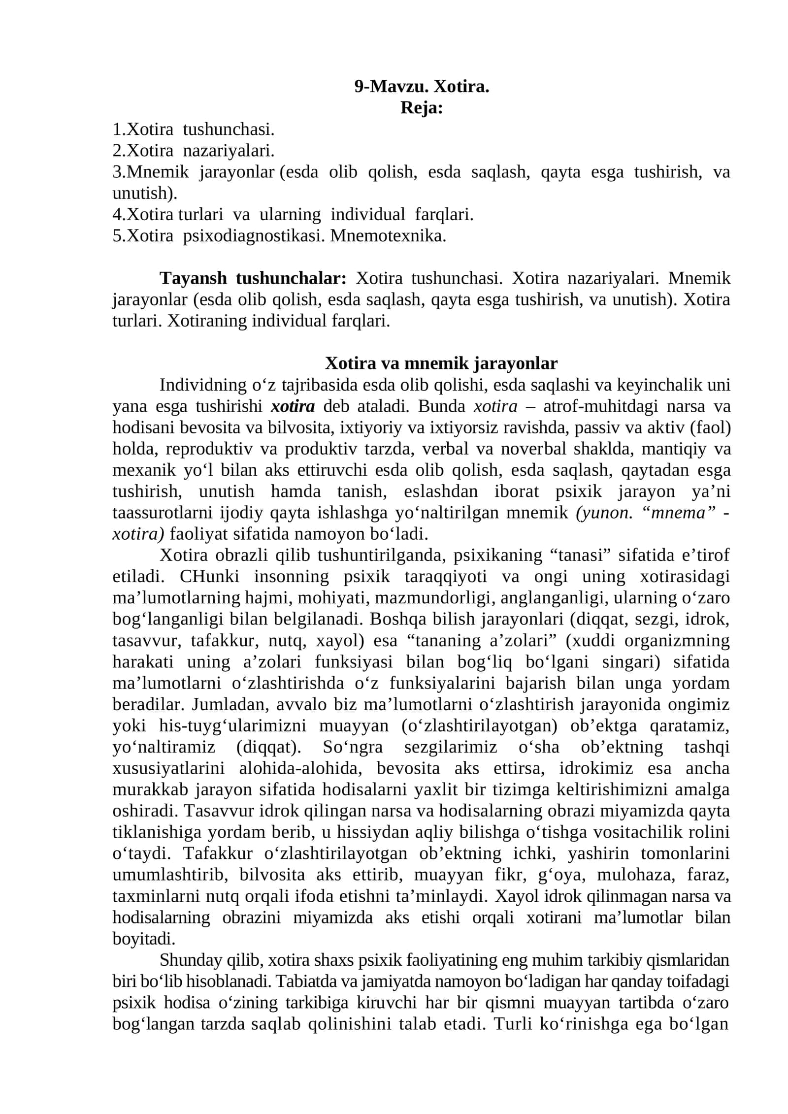 Xotira va mnemik jarayonlar 1