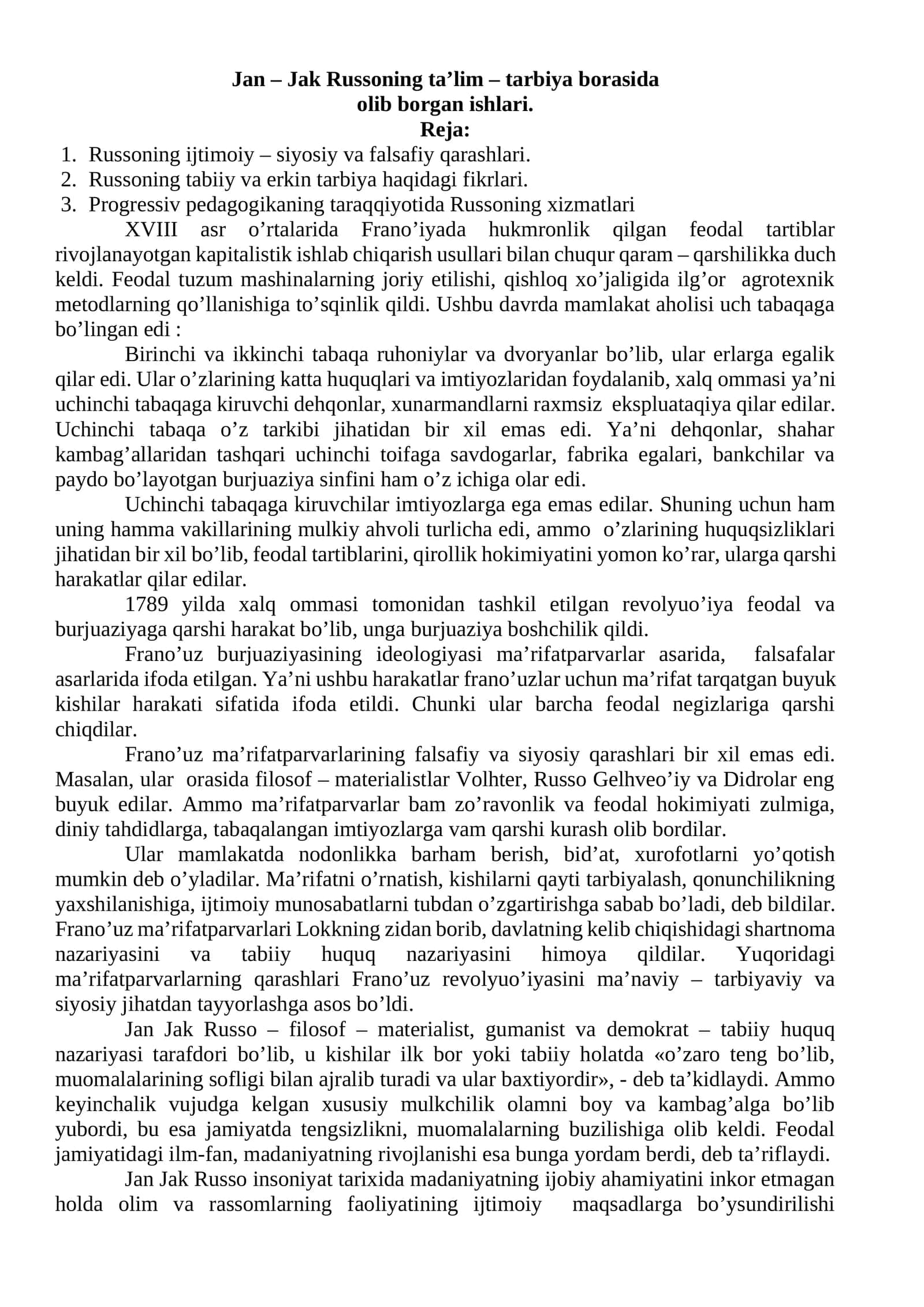 Jan – Jak Russoning ta’lim – tarbiya borasida olib borgan ishlari 1