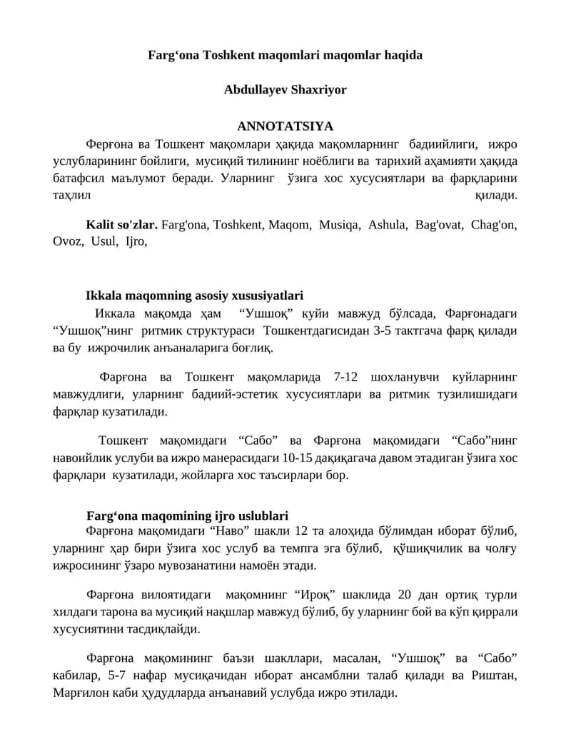 Fargʻona Toshkent maqomlari maqomlar haqida 1