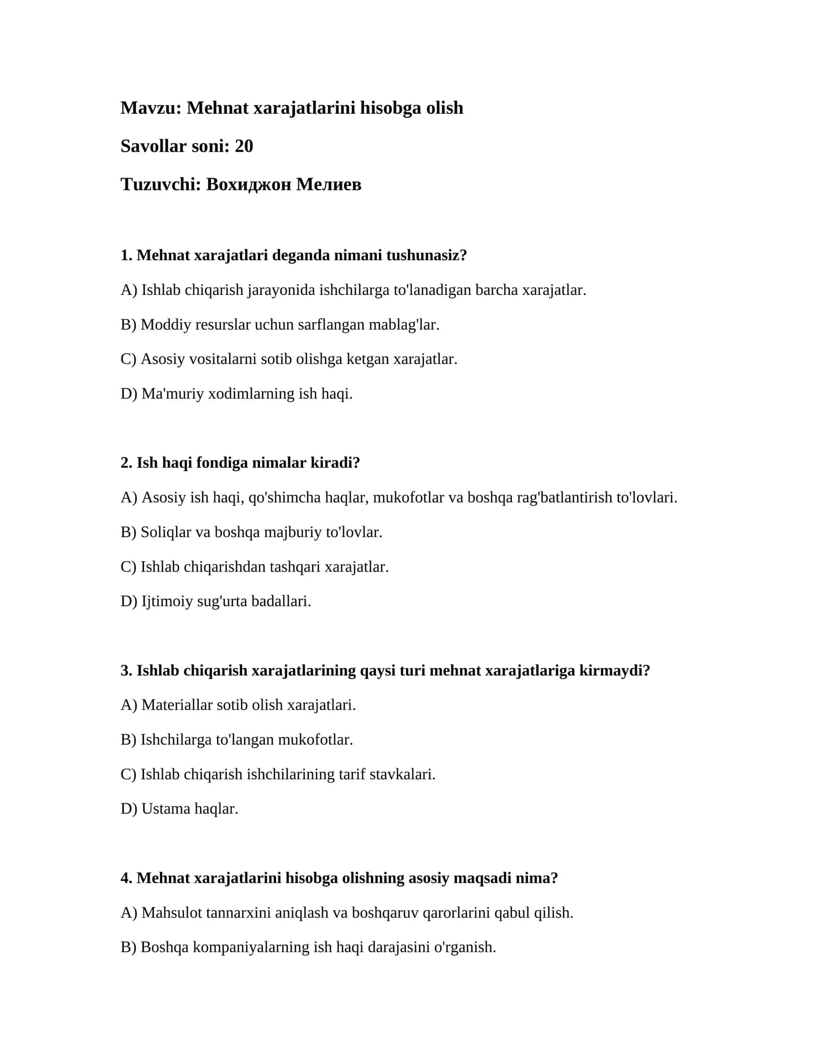 Mehnat xarajatlarini hisobga olish 1