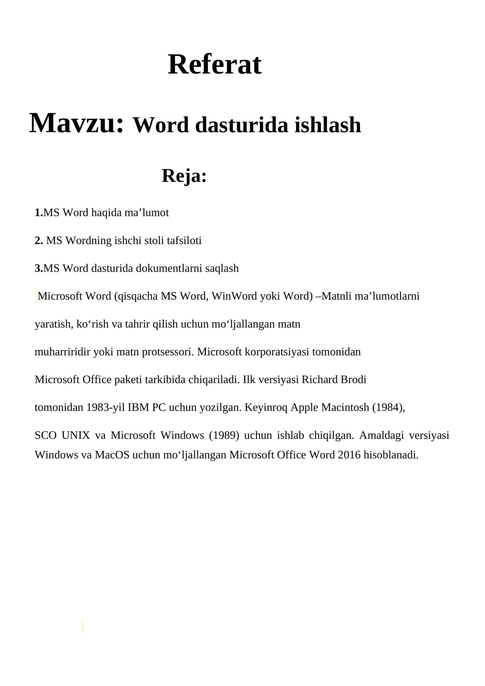 Word dasturida ishlash boʻyicha referat 1