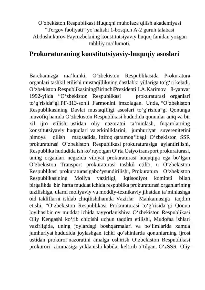 Prokuraturaning konstitutsiyaviy-huquqiy asoslari
