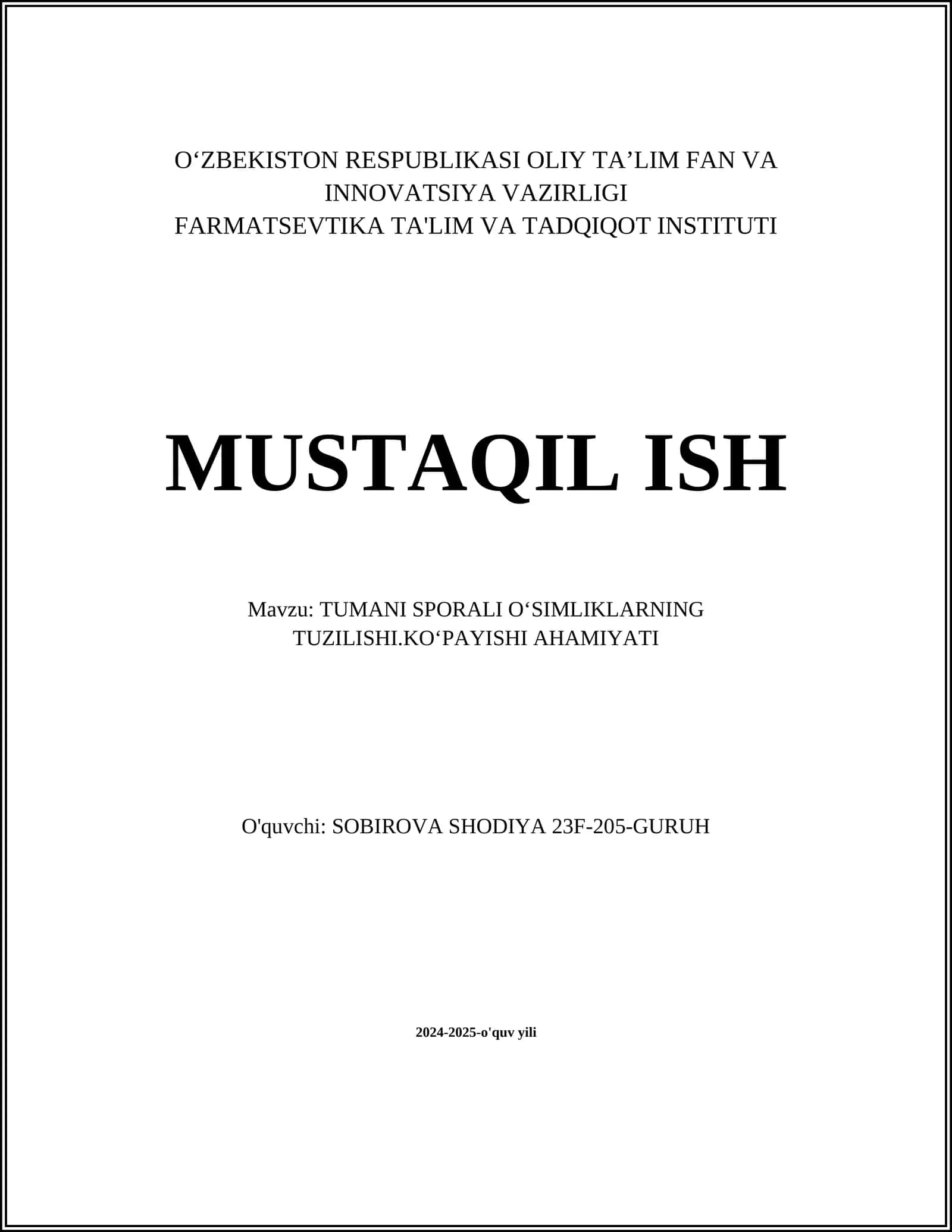 TUMANI SPORALI OʻSIMLIKLARNING TUZILISHI.KOʻPAYISHI AHAMIYATI 1