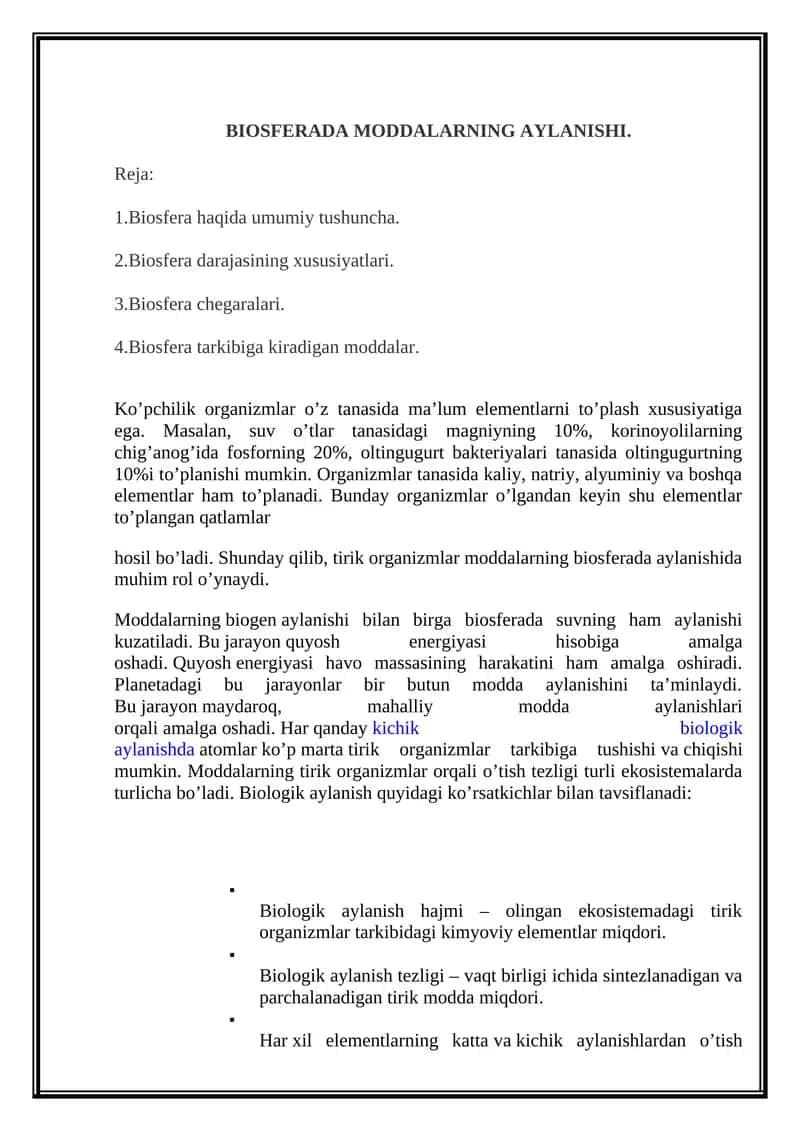 BIOSFERADA MODDALARNING AYLANISHI 1