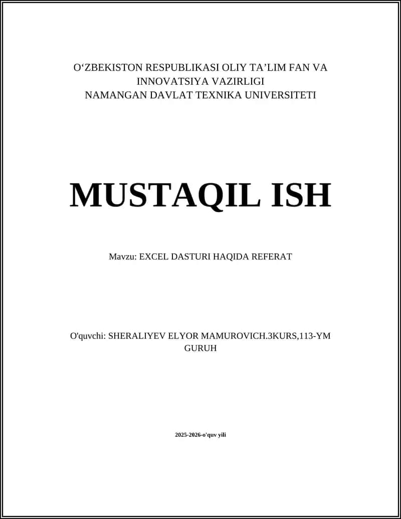 EXCEL DASTURI HAQIDA REFERAT 1