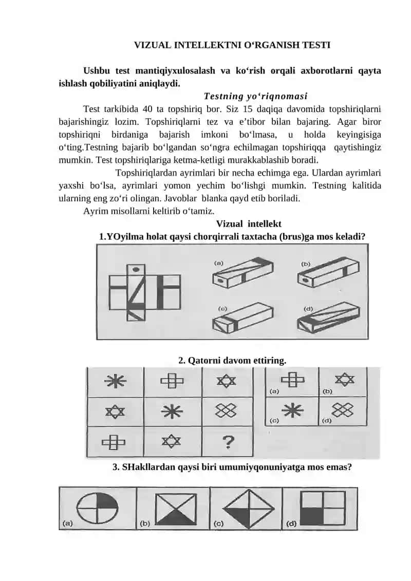 VIZUAL INTELLEKTNI O‘RGANISH TESTI