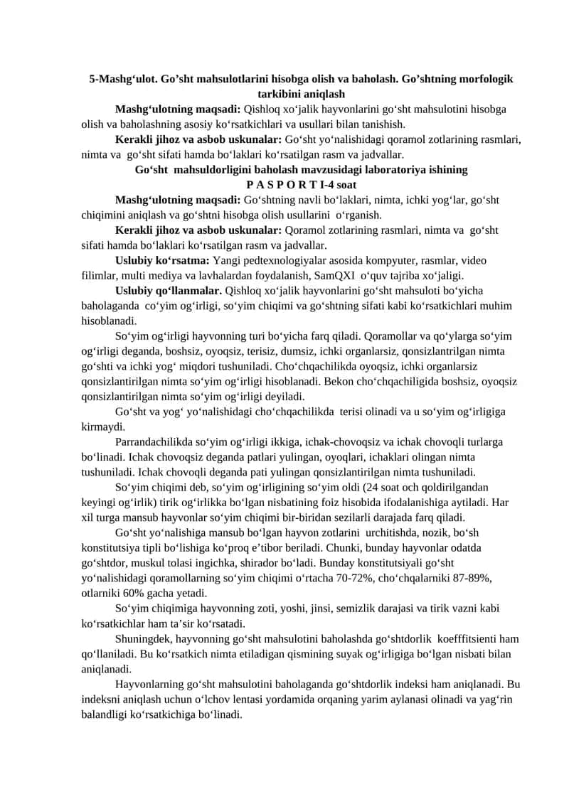 Go‘sht mahsulodori baholash va hisobga olish mashg‘uloti 1