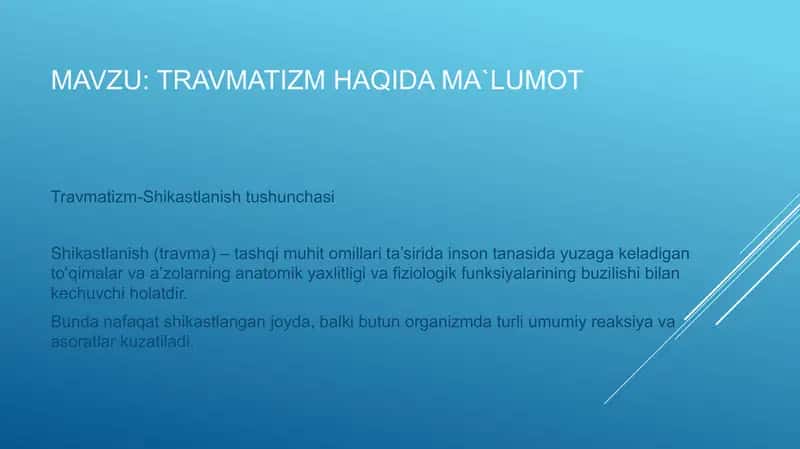 Travmatizm. Shikastlanish. Birinchi yordam 1