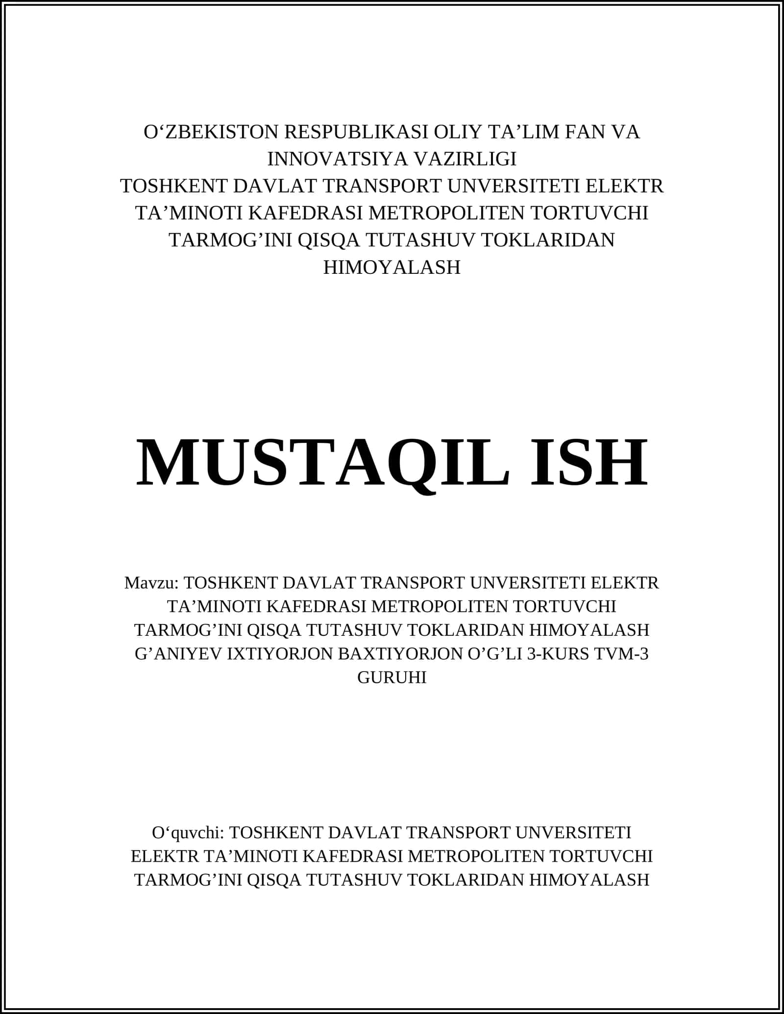 Metropoliten tortuvchi tarmog’ini qisqa tutashuv toklari 1
