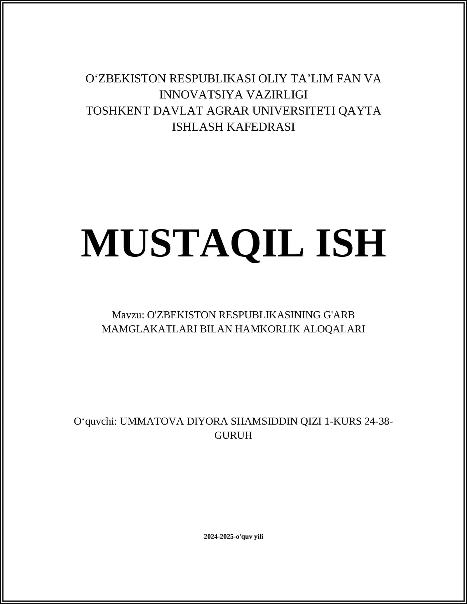 O'ZBEKISTON RESPUBLIKASINING G'ARB MAMGLAKATLARI BILAN HAMKORLIK ALOQALARI 1
