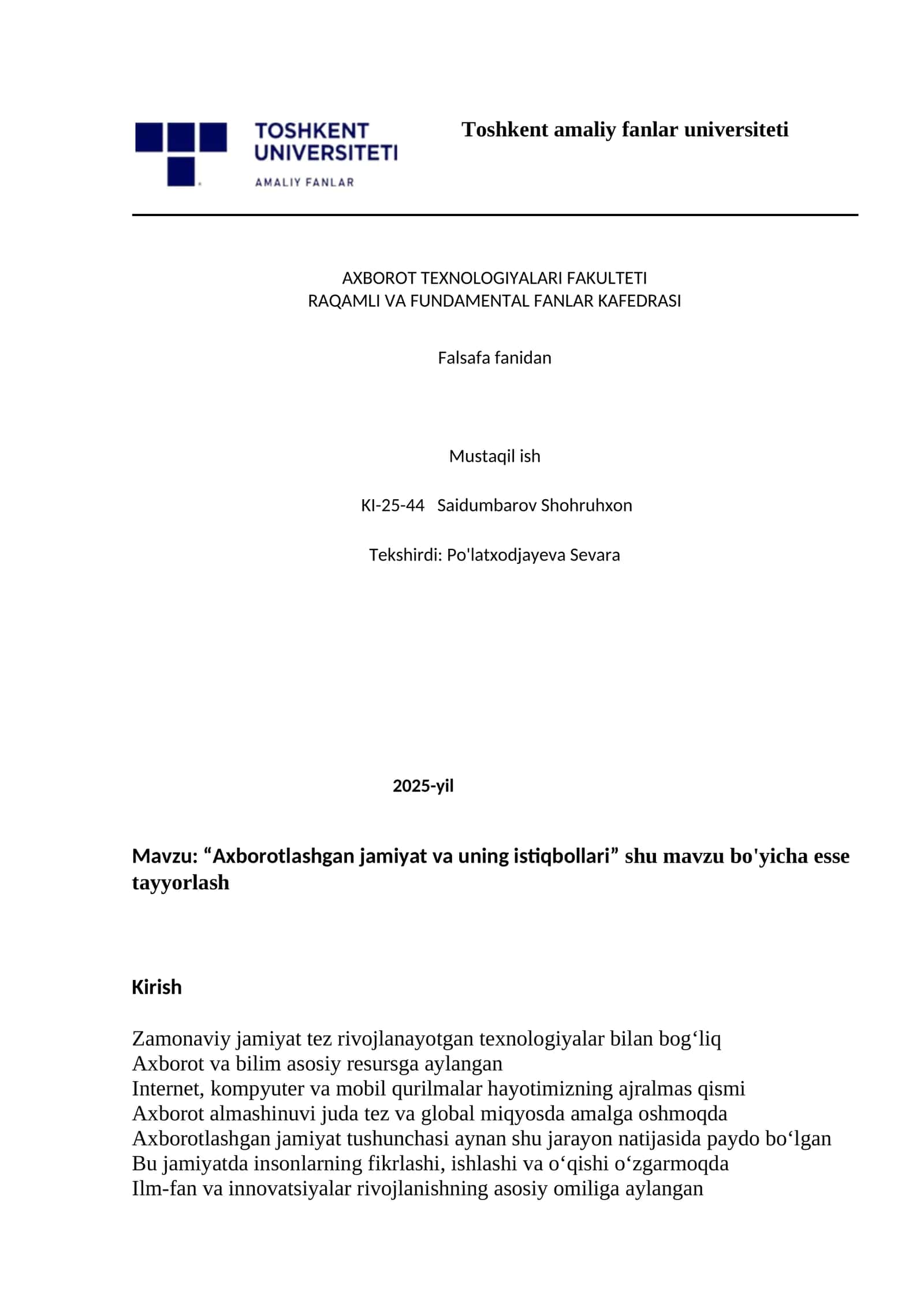 Axborotlashgan jamiyat va uning istiqbollari 1