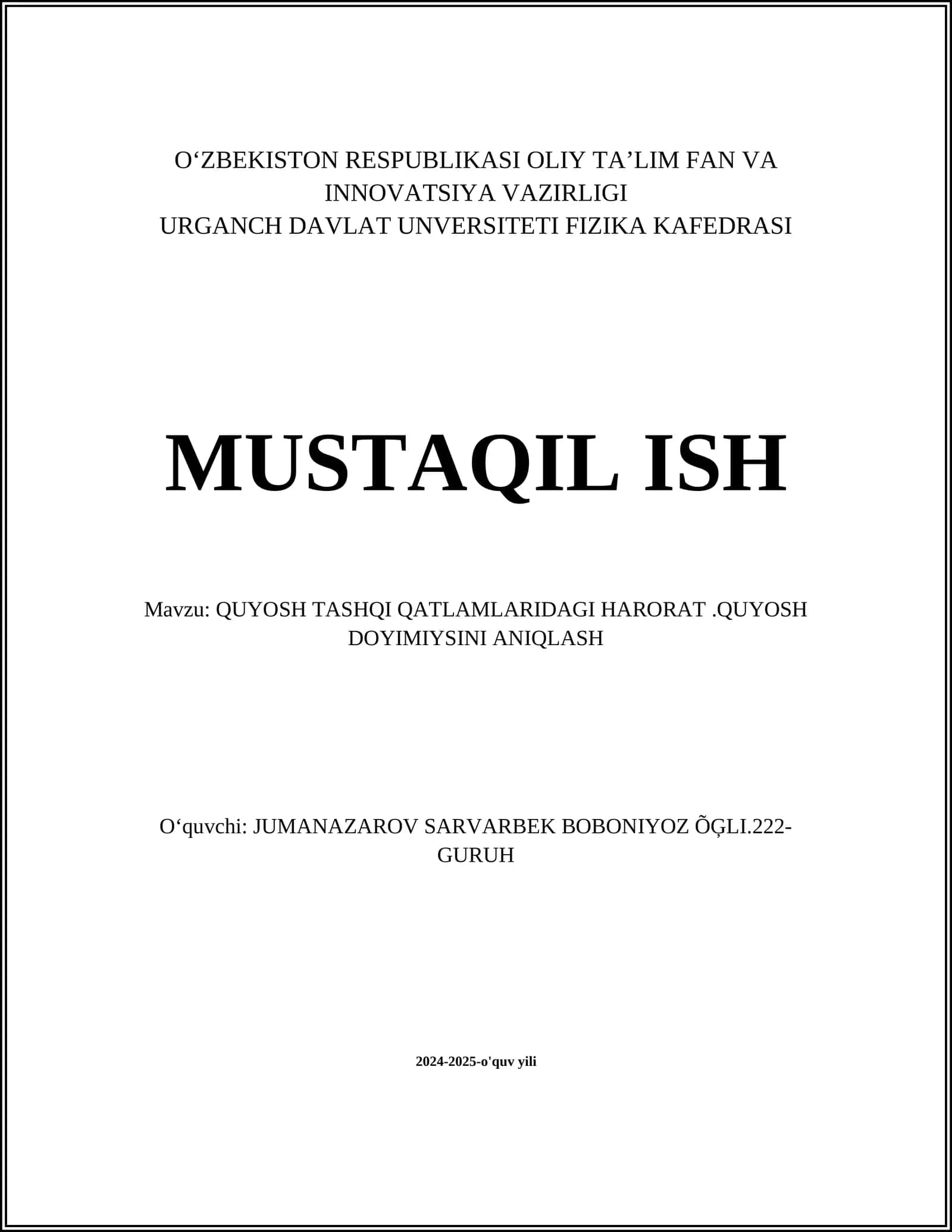 QUYOSH TASHQI QATLAMLARIDAGI HARORAT.QUYOSH DOYIMIYSINI ANIQLASH 1