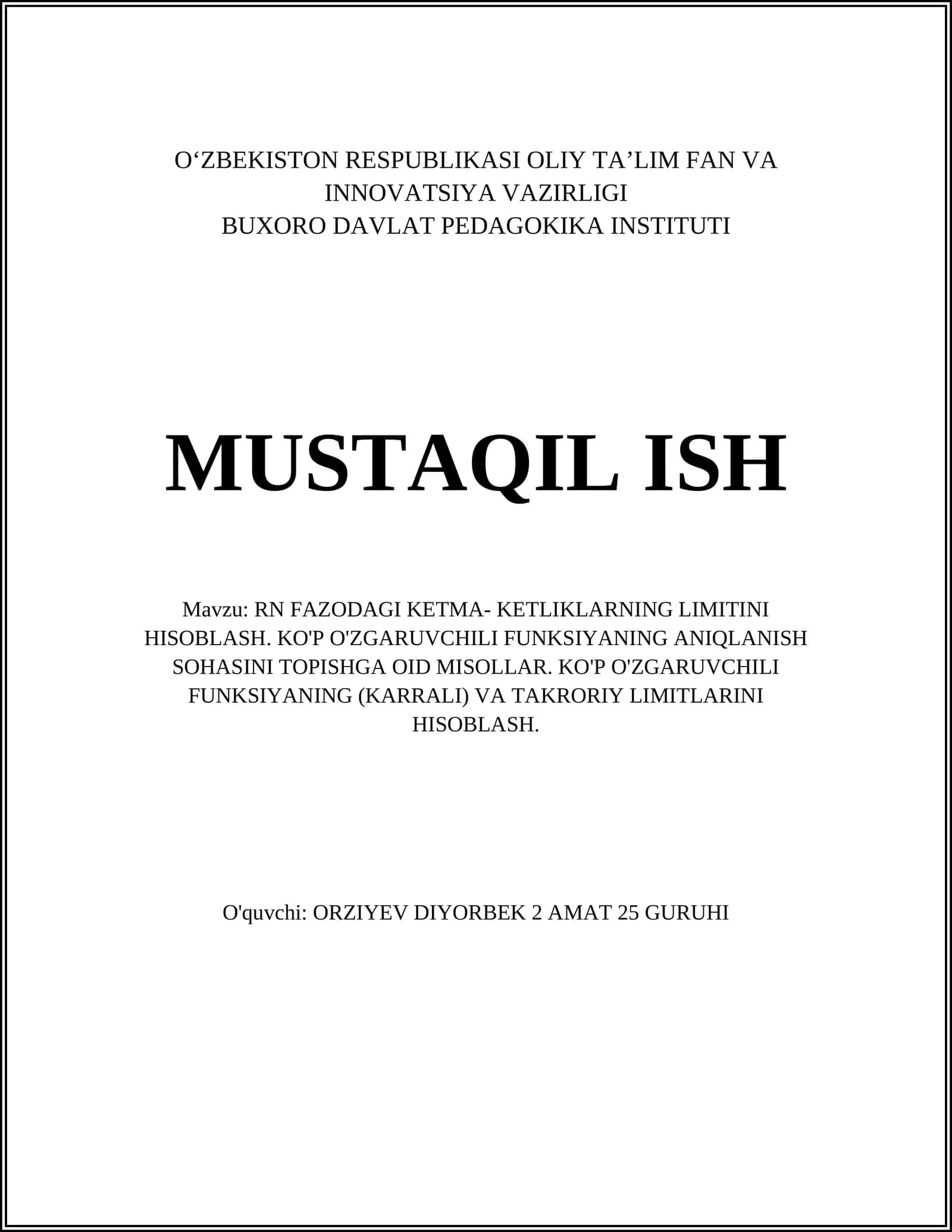 RN FAZODAGI KETMA- KETLIKLARNING LIMITINI HISOBLASH 1