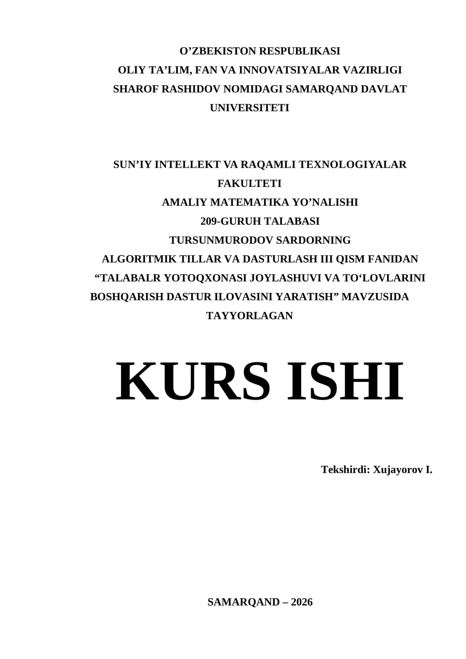 Visual Studio | Kurs ishi - TALABALR YOTOQXONASI JOYLASHUVI VA TO‘LOVLARINI BOSHQARISH DASTUR ILOVASINI YARATISH 1