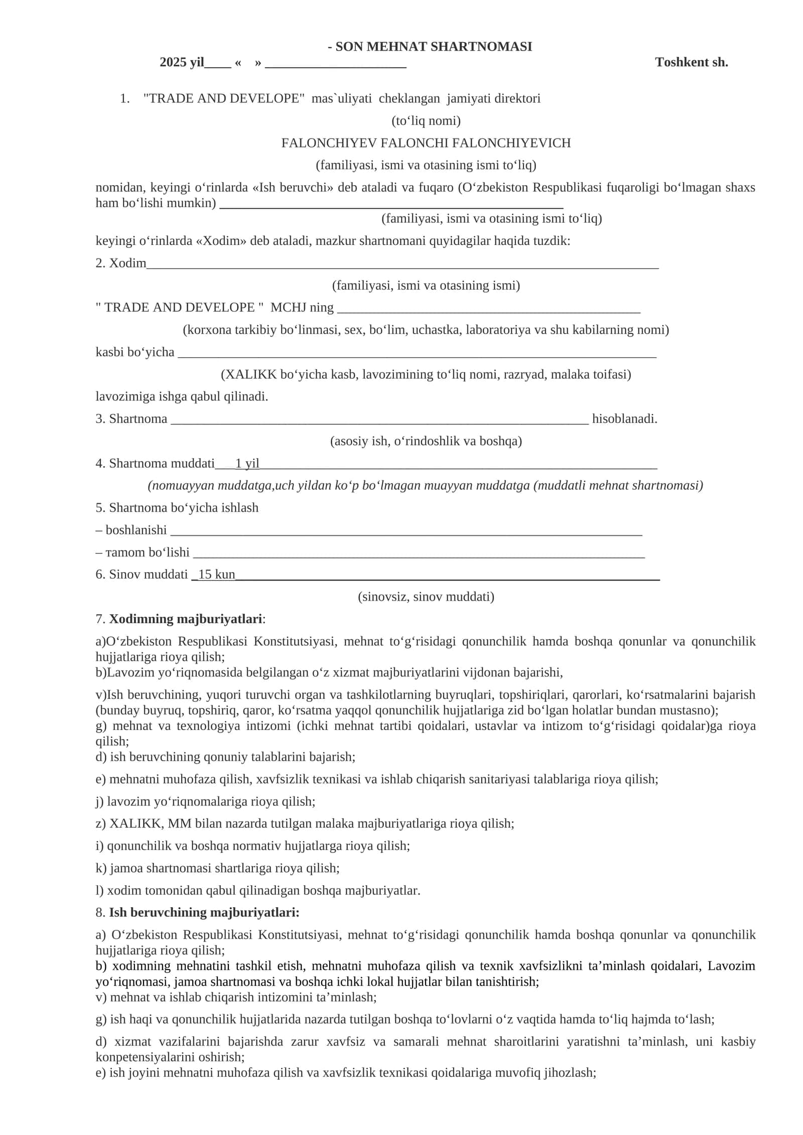 Mehnat shartnomasi namunasi shablon 1