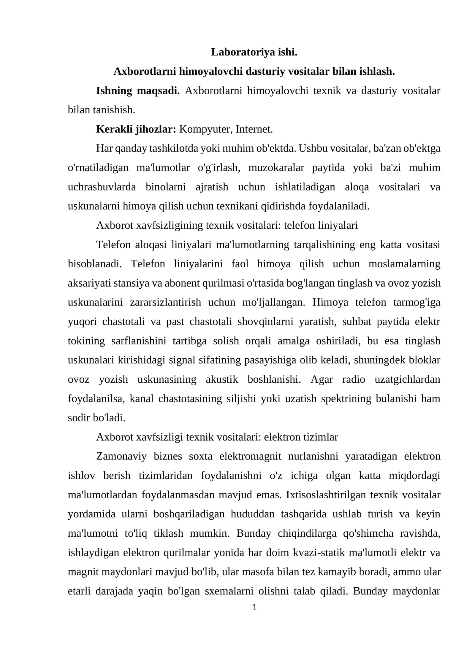 Axborot xavfsizligining texnik vositalari: telefon liniyalari 1