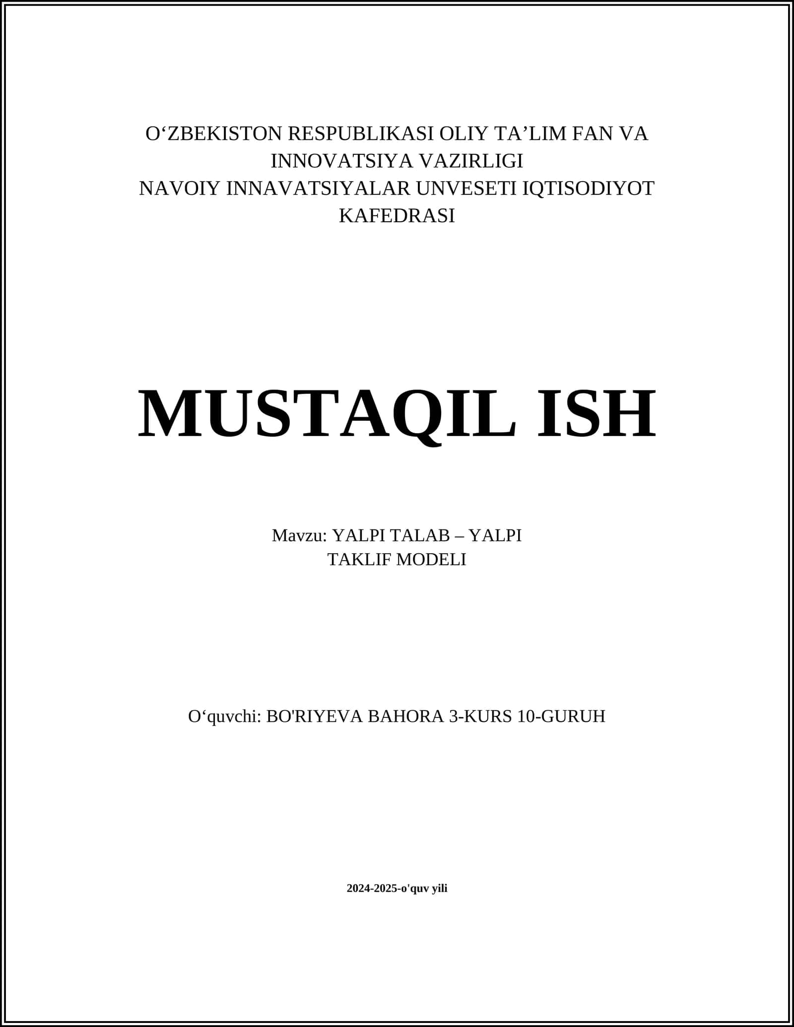YALPI TALAB – YALPI TAKLIF MODELI 1