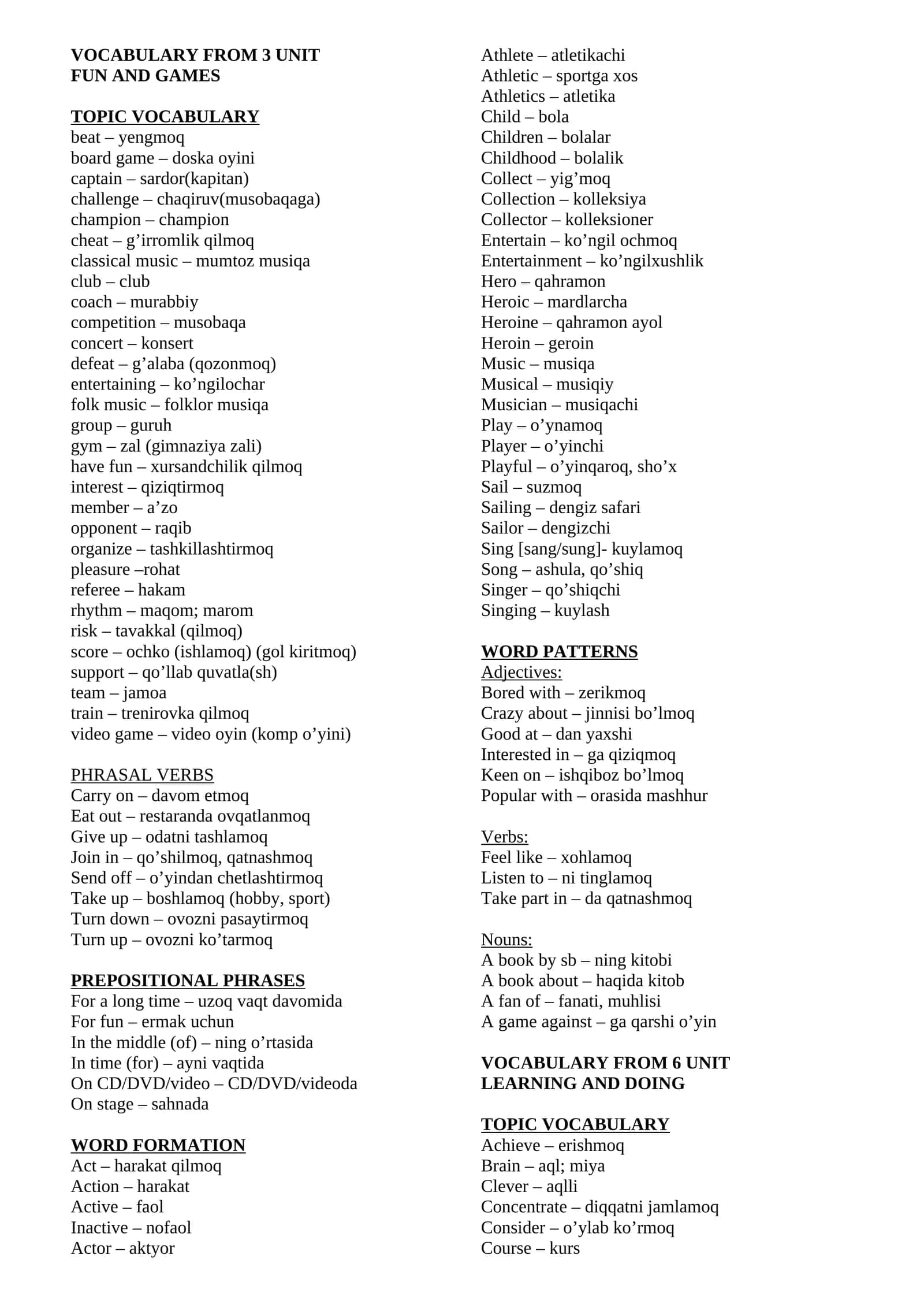 VOCABULARY FROM 3 UNIT 1
