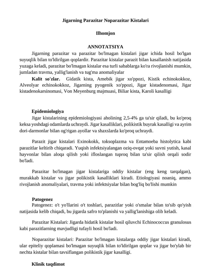 Jigarning Parazitar Noparazitar Kistalari 1