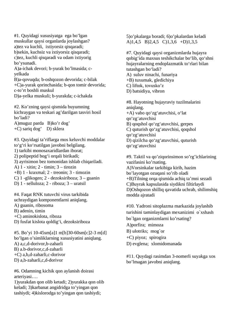 Biologiyadan test savollari 1
