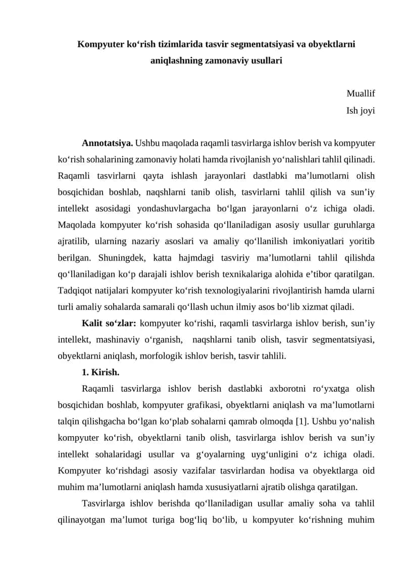 Kompyuter ko‘rish tizimlarida tasvir segmentatsiyasi va obyektlarni aniqlashning zamonaviy usullari 1