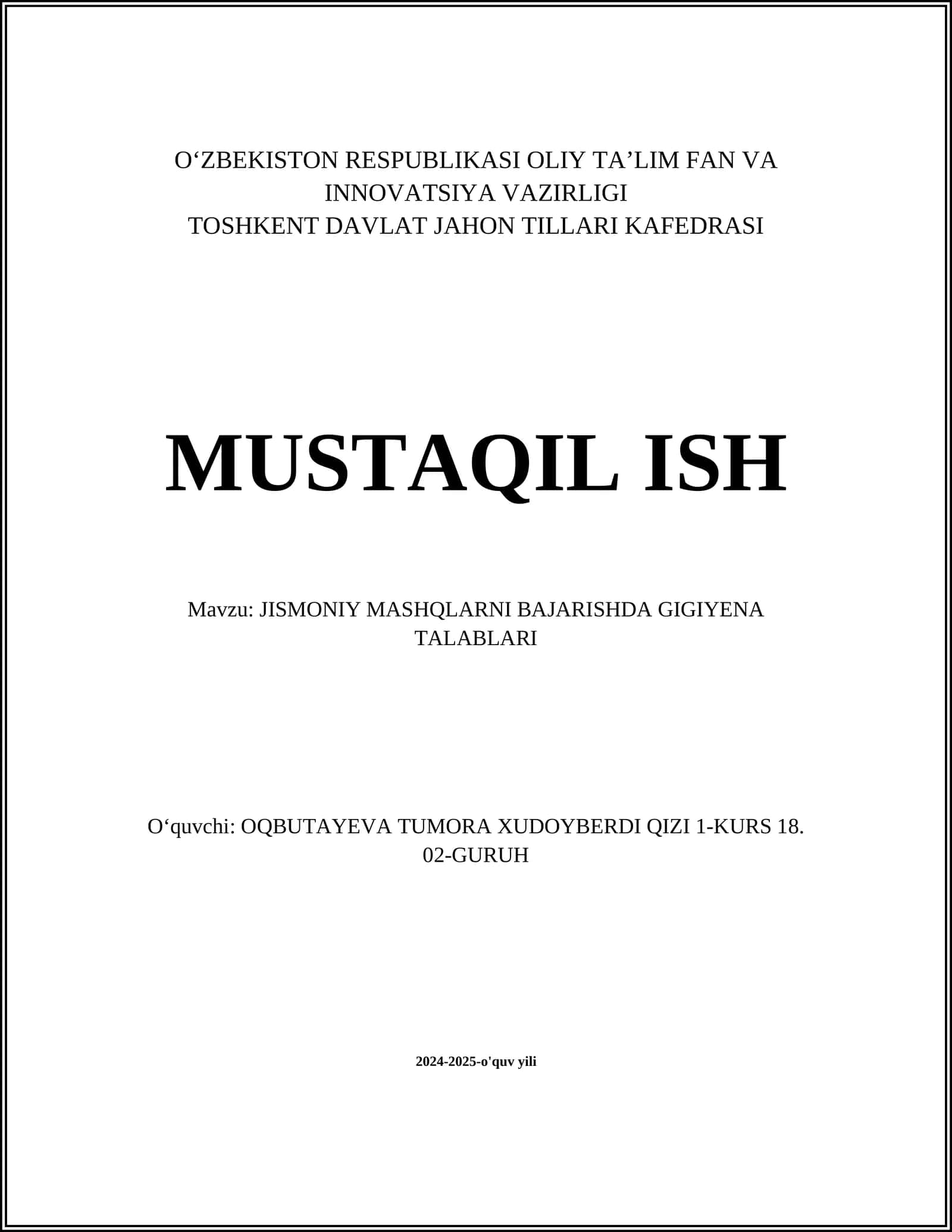 JISMONIY MASHQLARNI BAJARISHDA GIGIYENA TALABLARI 1