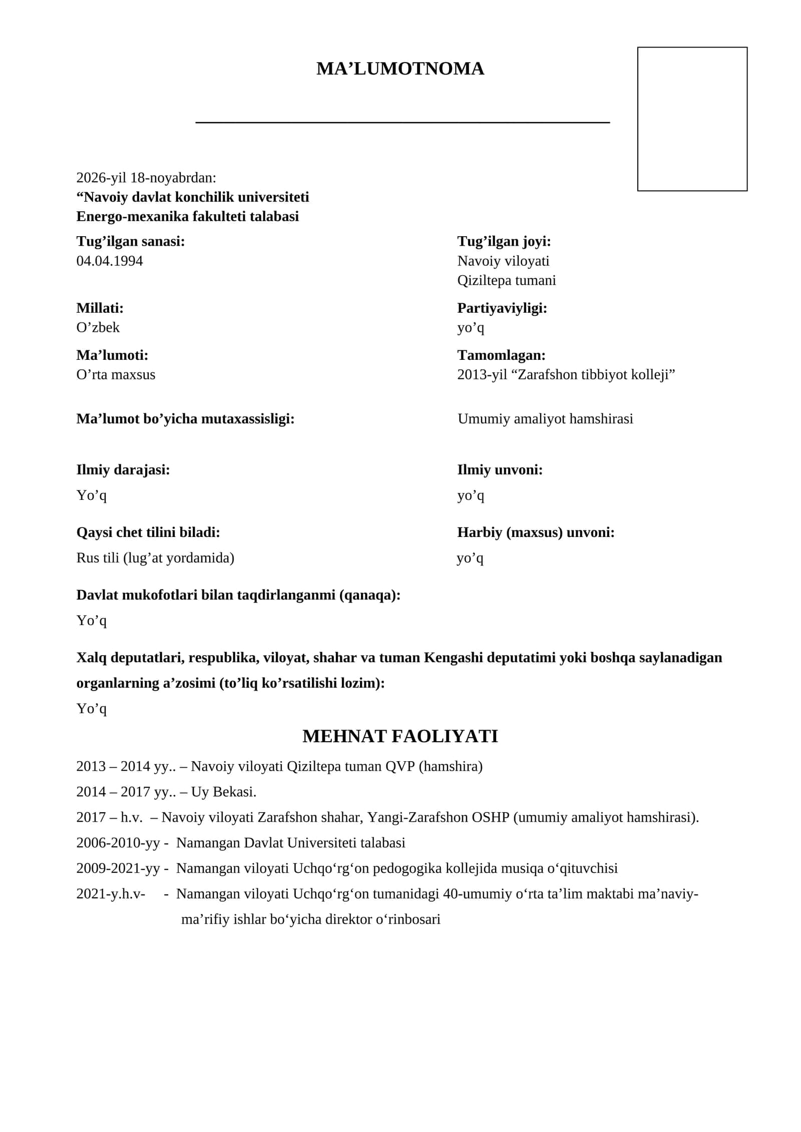 obyektivka namuna | obyektivka namunalari | Ishga kirishda kerak bo‘ladigan obyektivka shakli Ma’lumotnoma (obyektivka) to‘liq namuna – oson to‘ldiriladigan format” 1