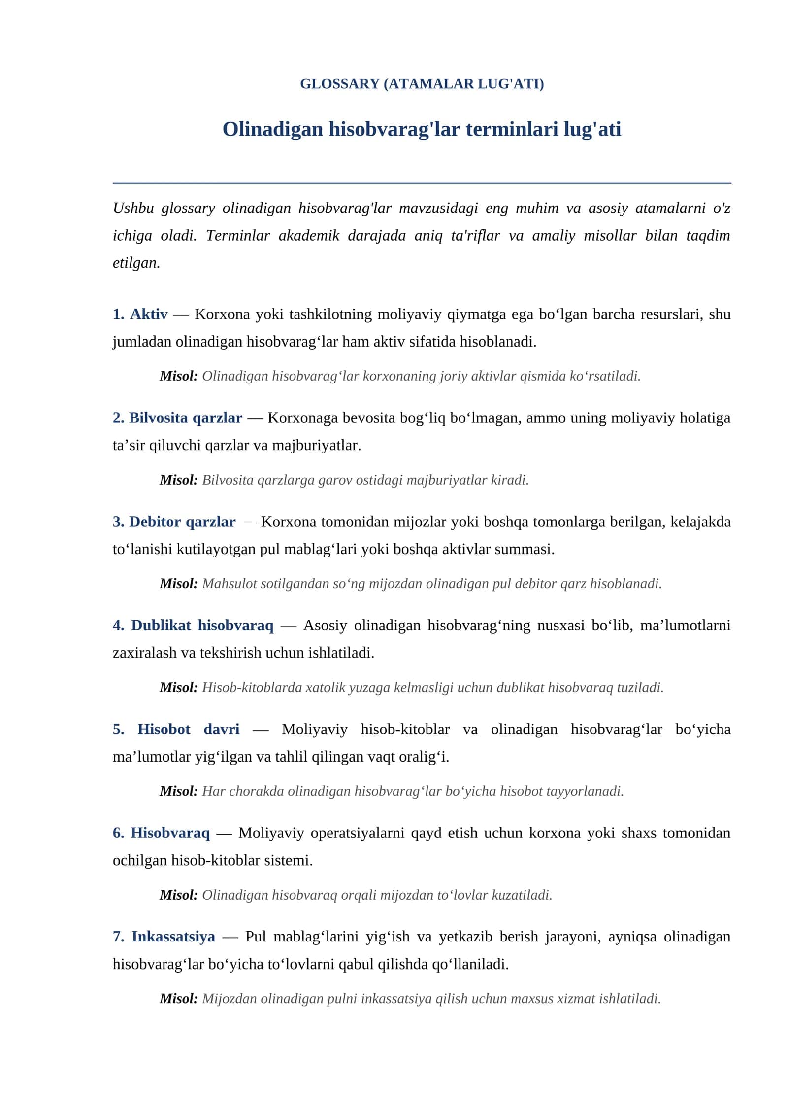 Olinadigan hisobvarag‘lar terminlari lug‘ati 1