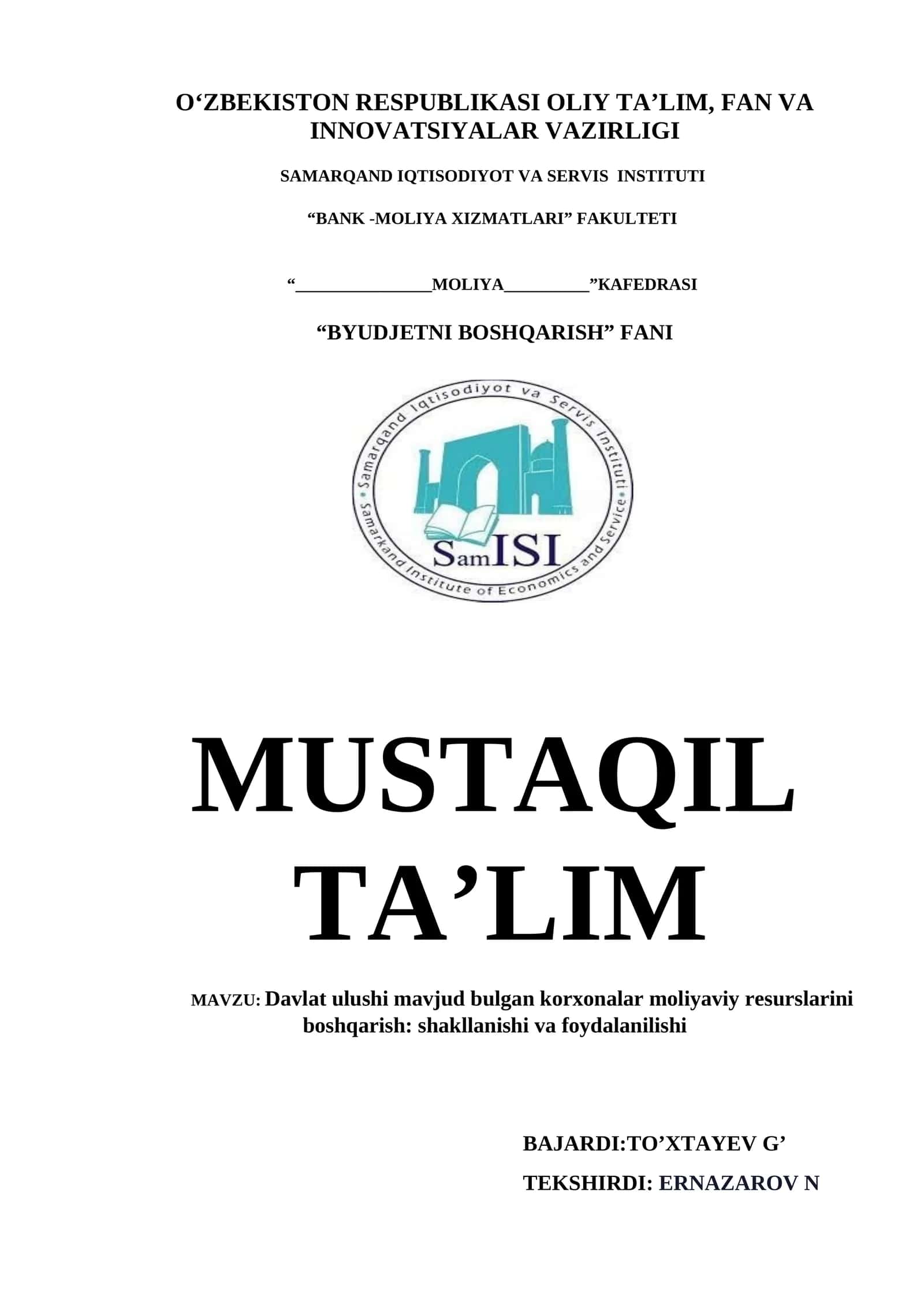 Davlat ulushi mavjud bulgan korхonalar moliyaviy rеsurslarini boshqarish: shakllanishi va foydalanilishi 1