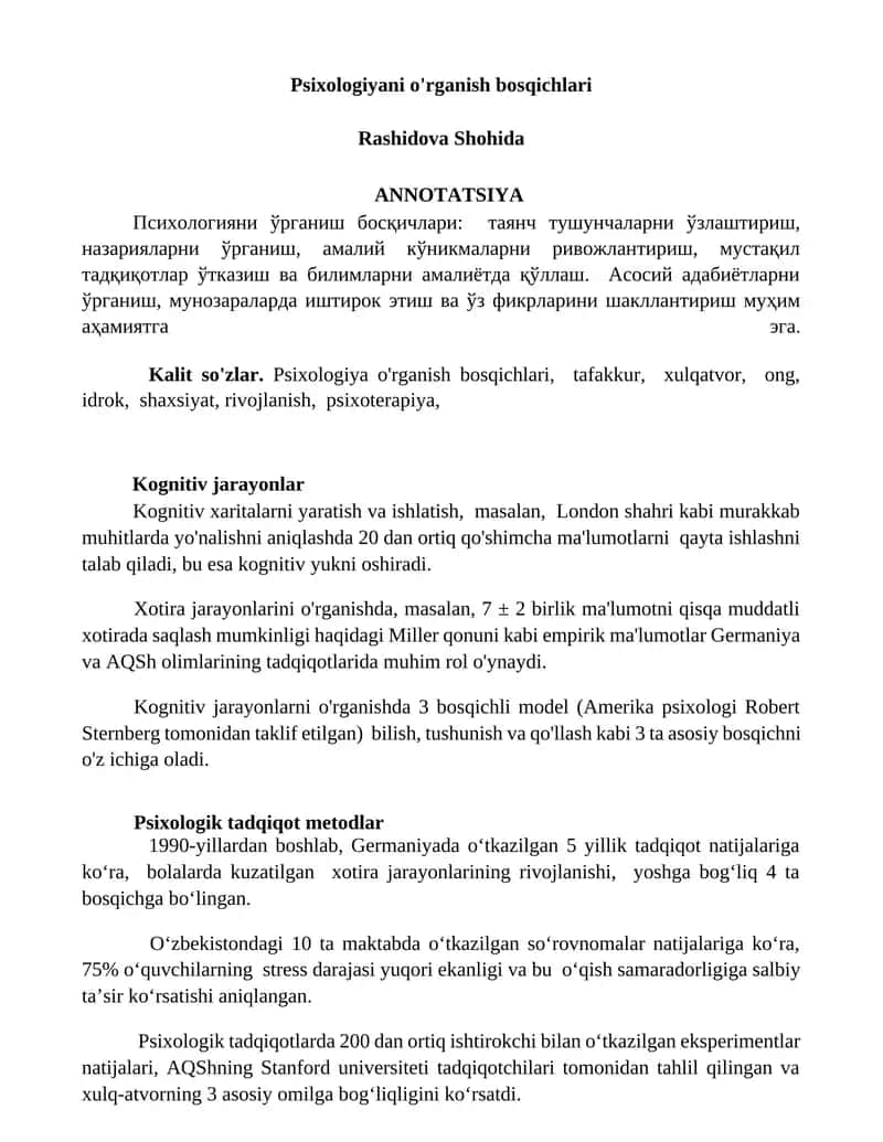 Psixologiyani o'rganish bosqichlari 1