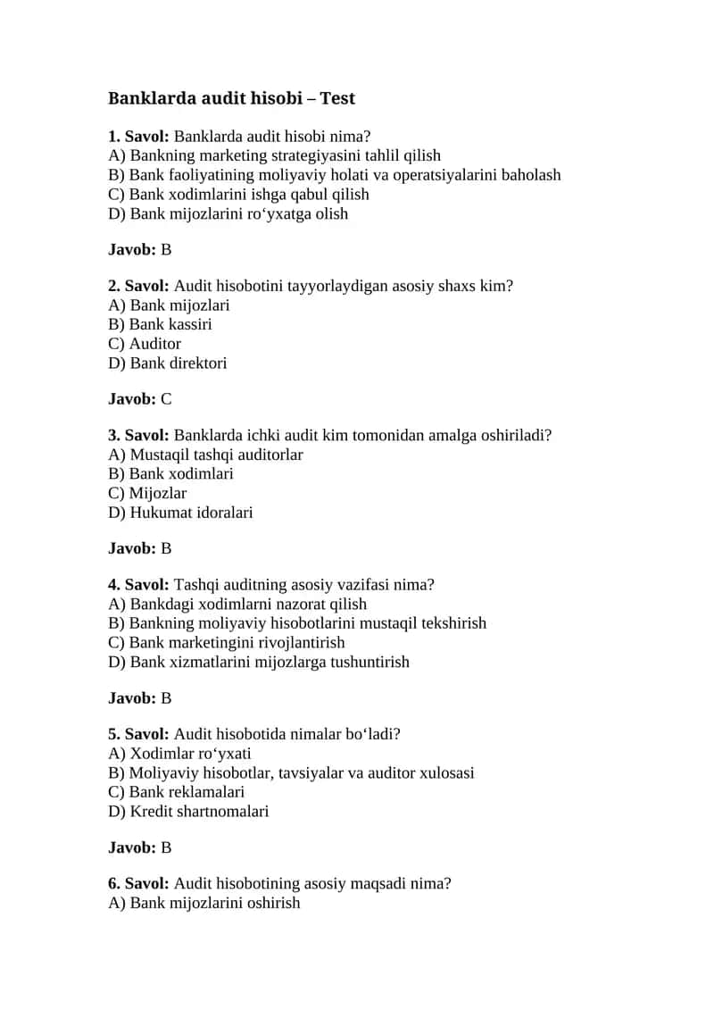 Banklarda audit hisobi – Test 1