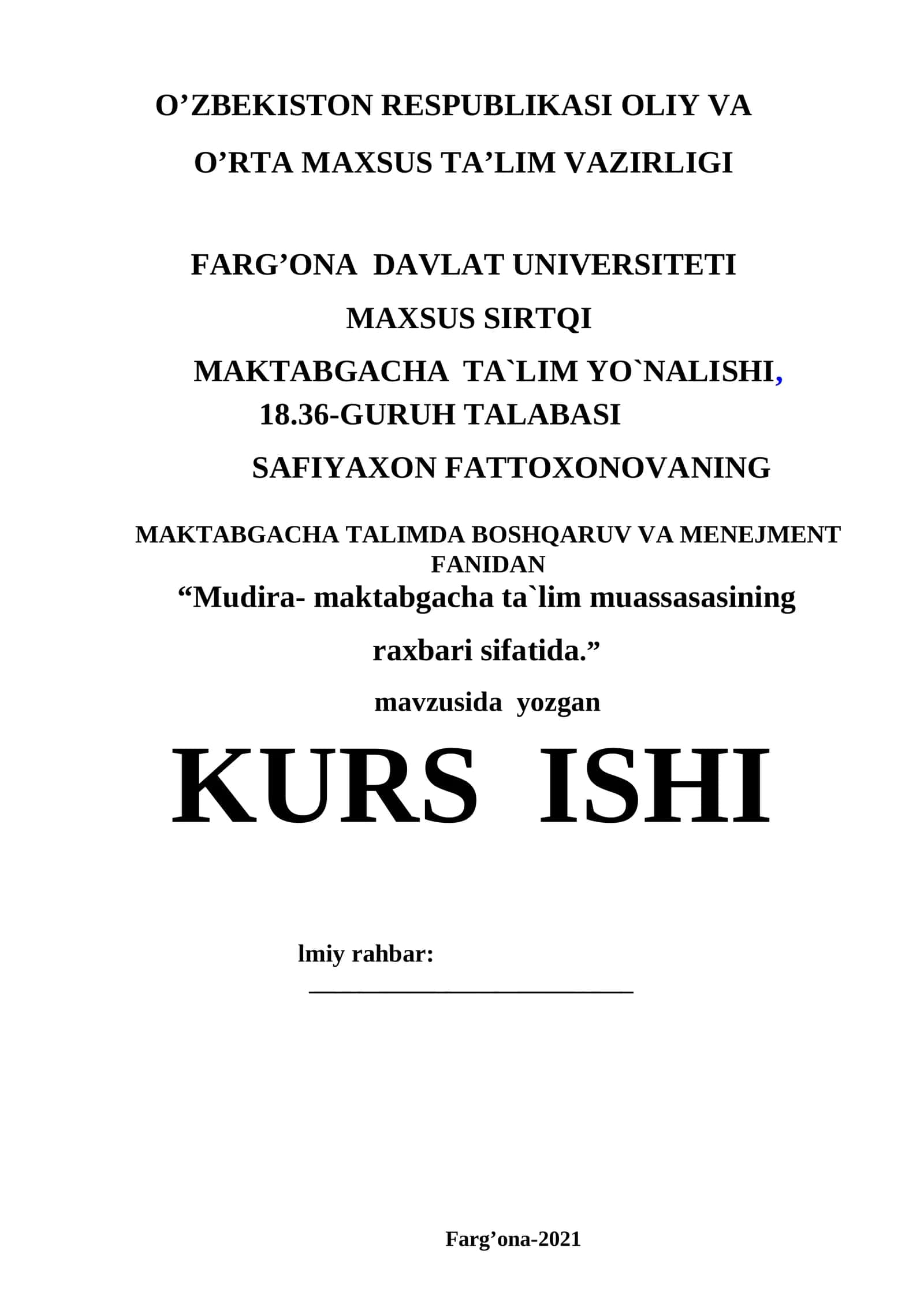 “Mudira- maktabgacha ta`lim muassasasining raxbari sifatida.” KURS ISHI 1
