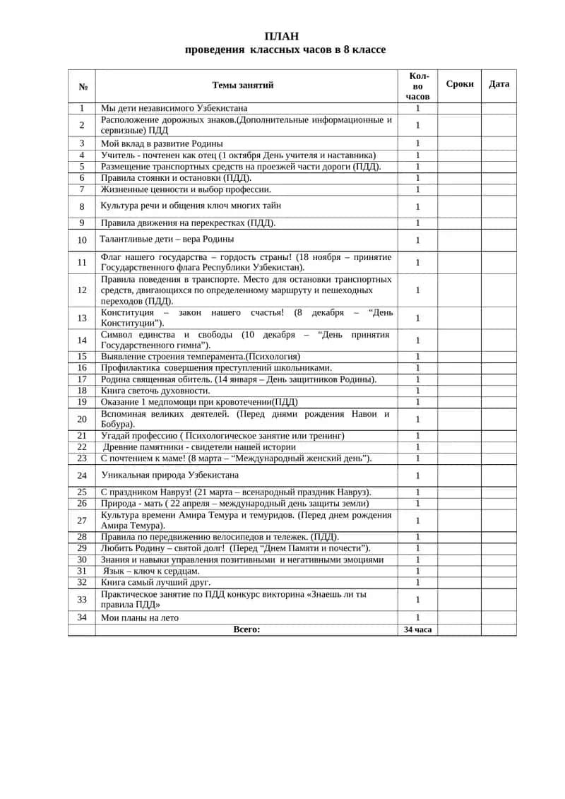 ПЛАН проведения классных часов в 8 классе 1