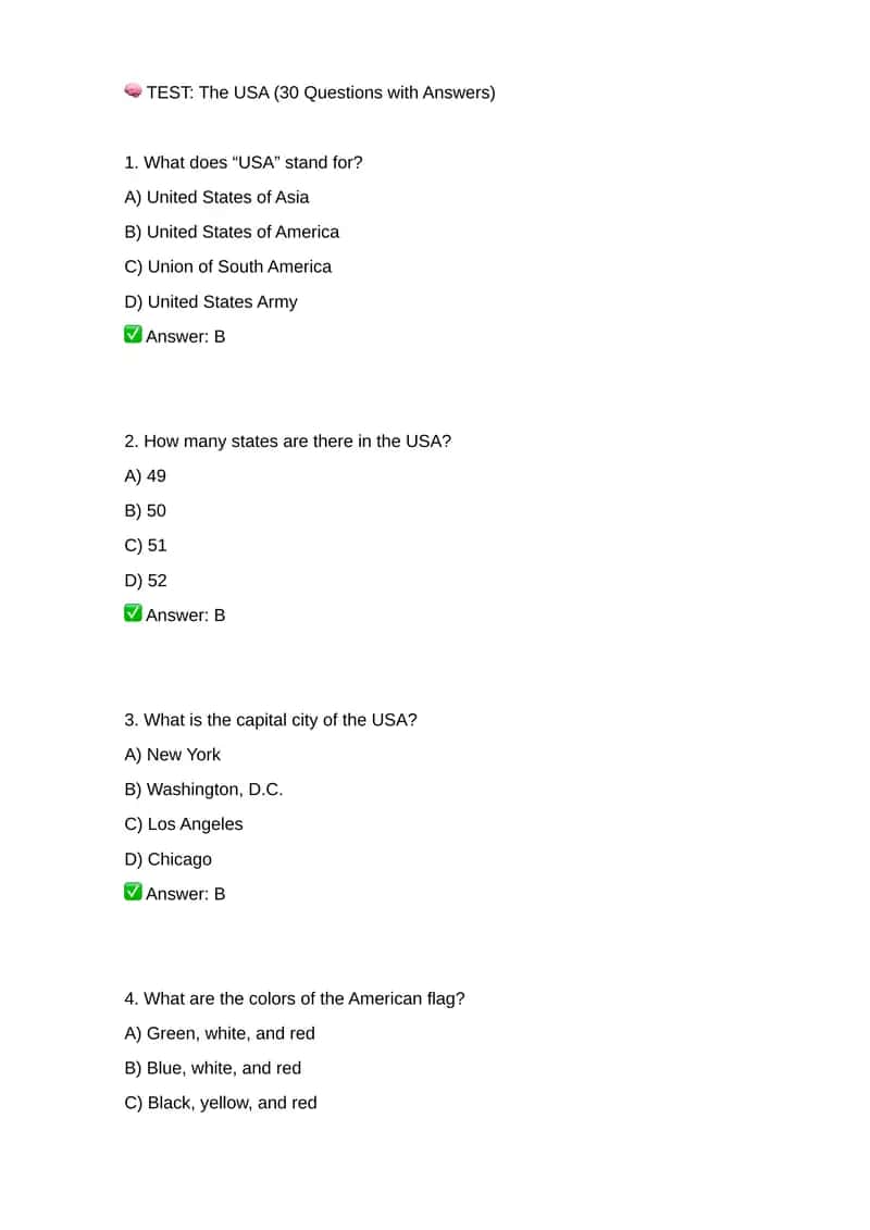 The USA (30 Questions with Answers) 1