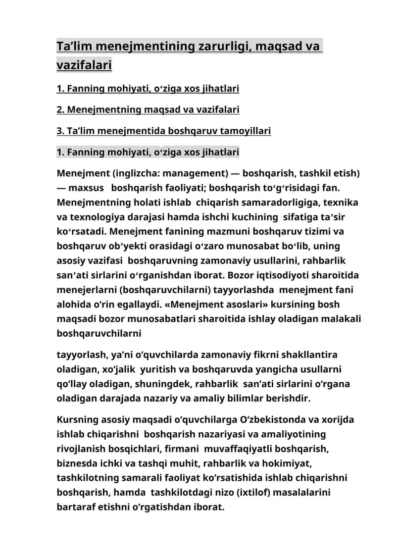 Menejmentning Zarurligi, Maqsad va Vazifalari 1