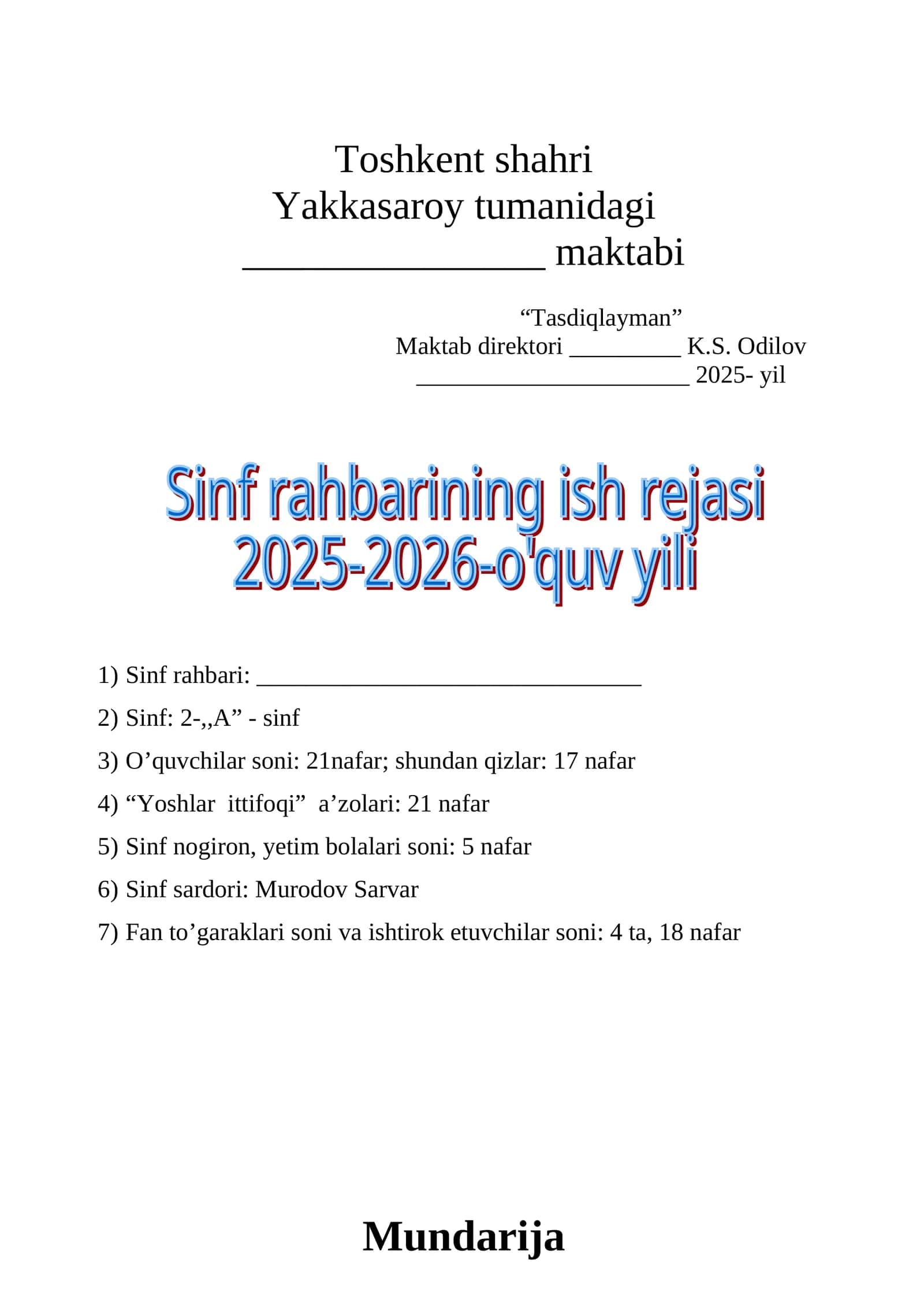 Sinf rahbari ish rejalari (NAMUNA) 1