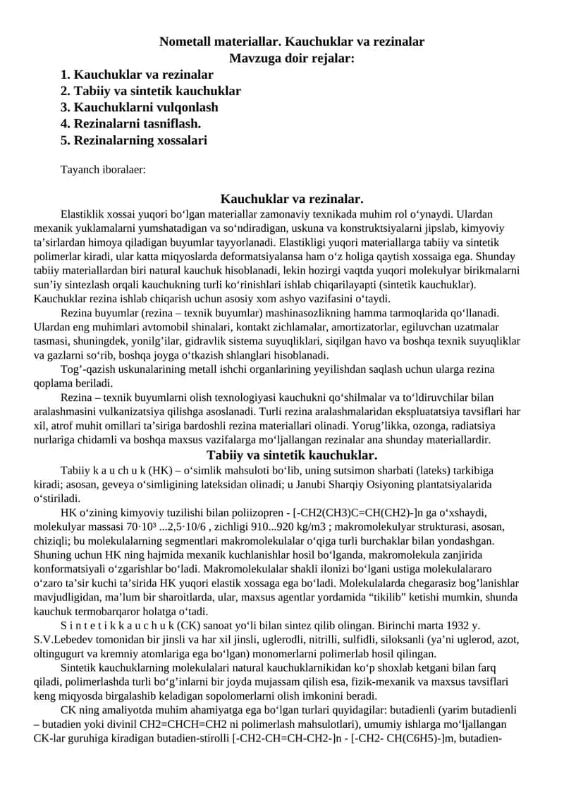 Kauchuklar va rezinalar 1