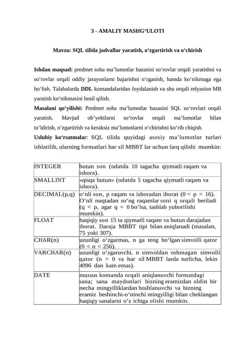 SQL tilida jadvallar yaratish, o‘zgartirish va o‘chirish 1