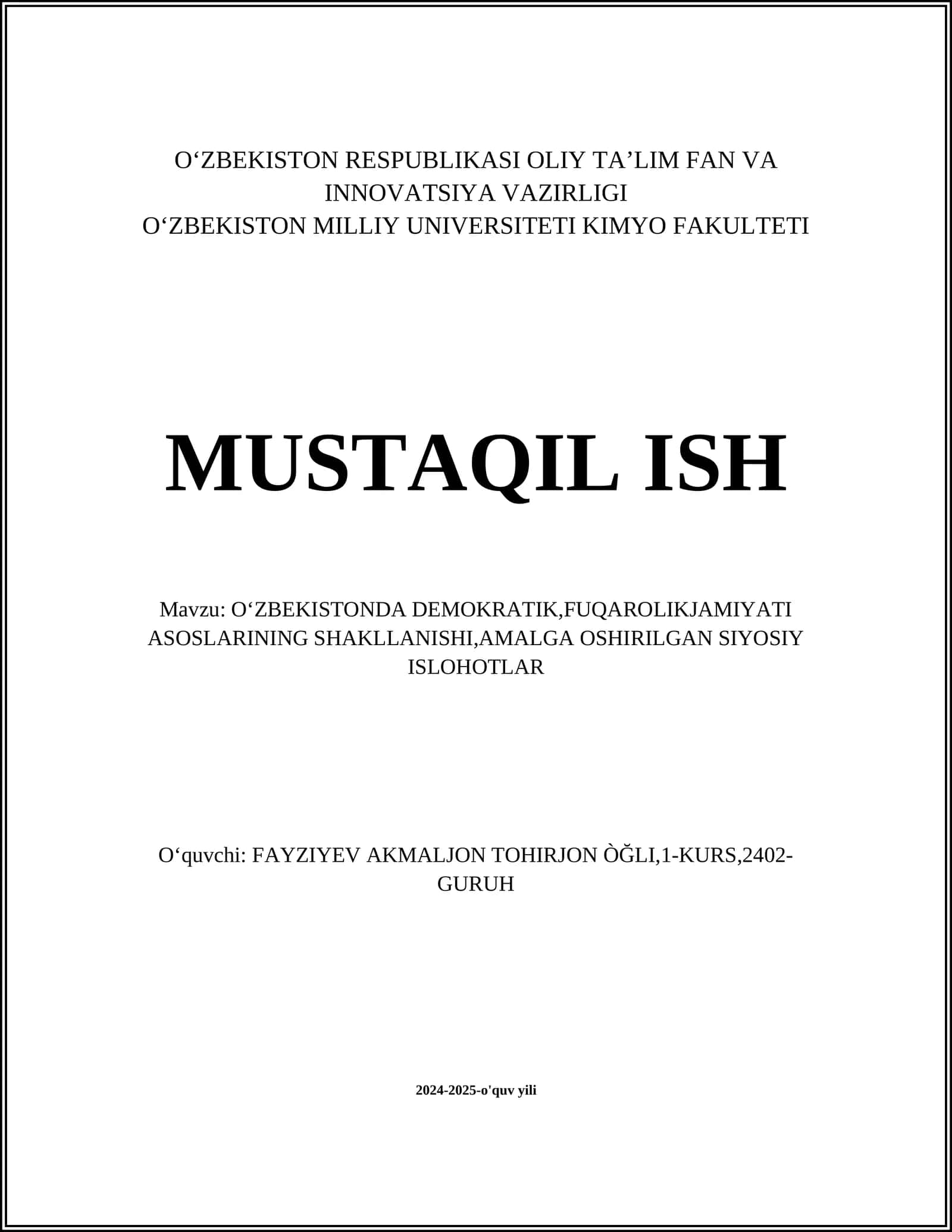 O'zbekistonda demokratik islohotlar tarixi 1